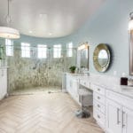 Bathroom design features master Bath with Herringbone Tile Floors