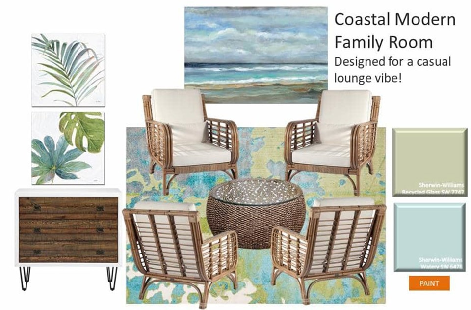 Coastal Modern Family Room Designed for a Casual Lounge Vibe